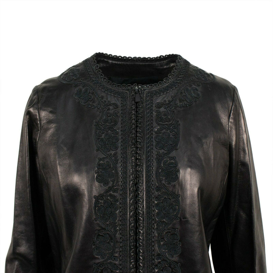 Embroidered Leather Zip Up Jacket - Black