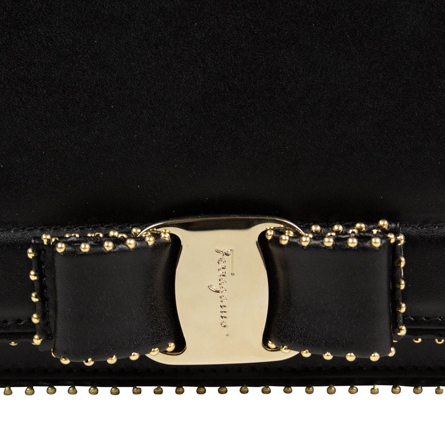 Leather Stud Vara Bow Flap Shoulder Bag - Black / Gold