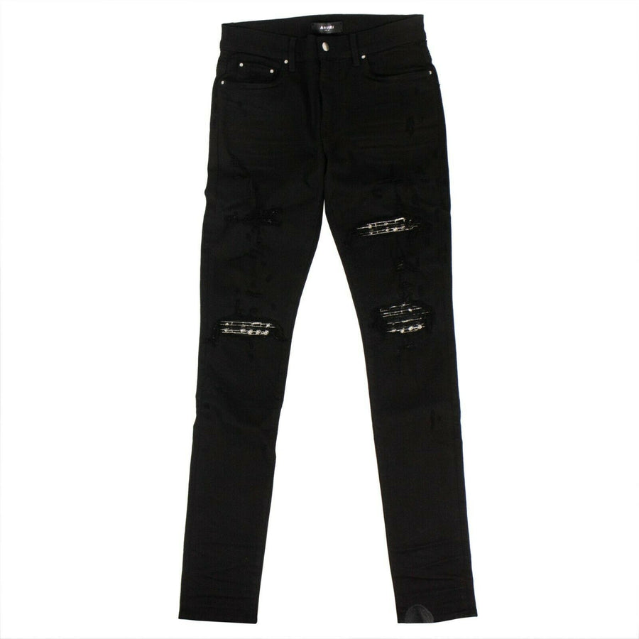 Cotton Music Note Patch Skinny Jeans - Black