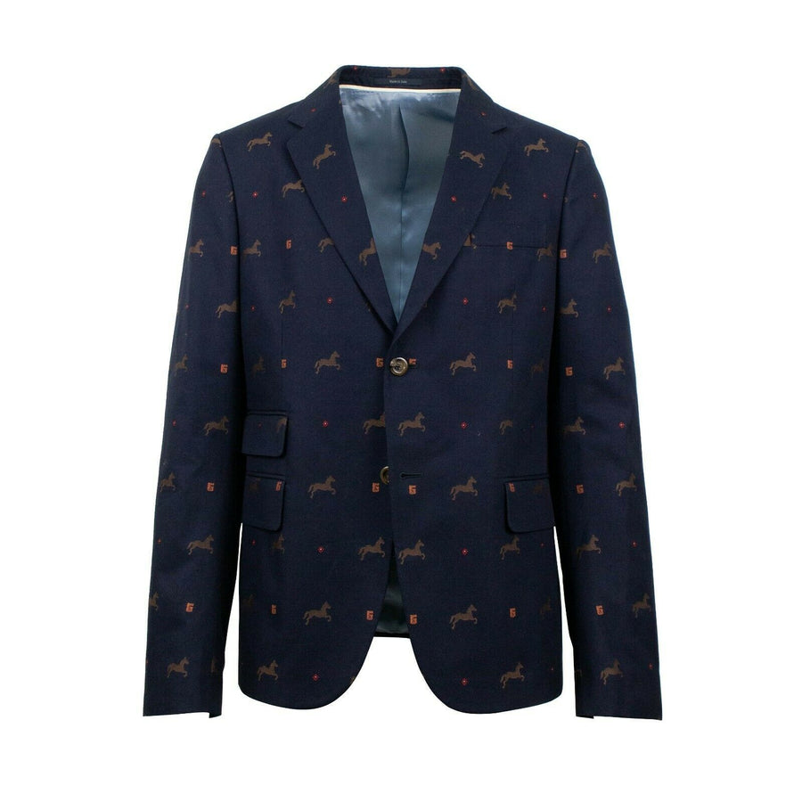 Cambridge Horse Pattern Gabardine Blazer Jacket - Blue