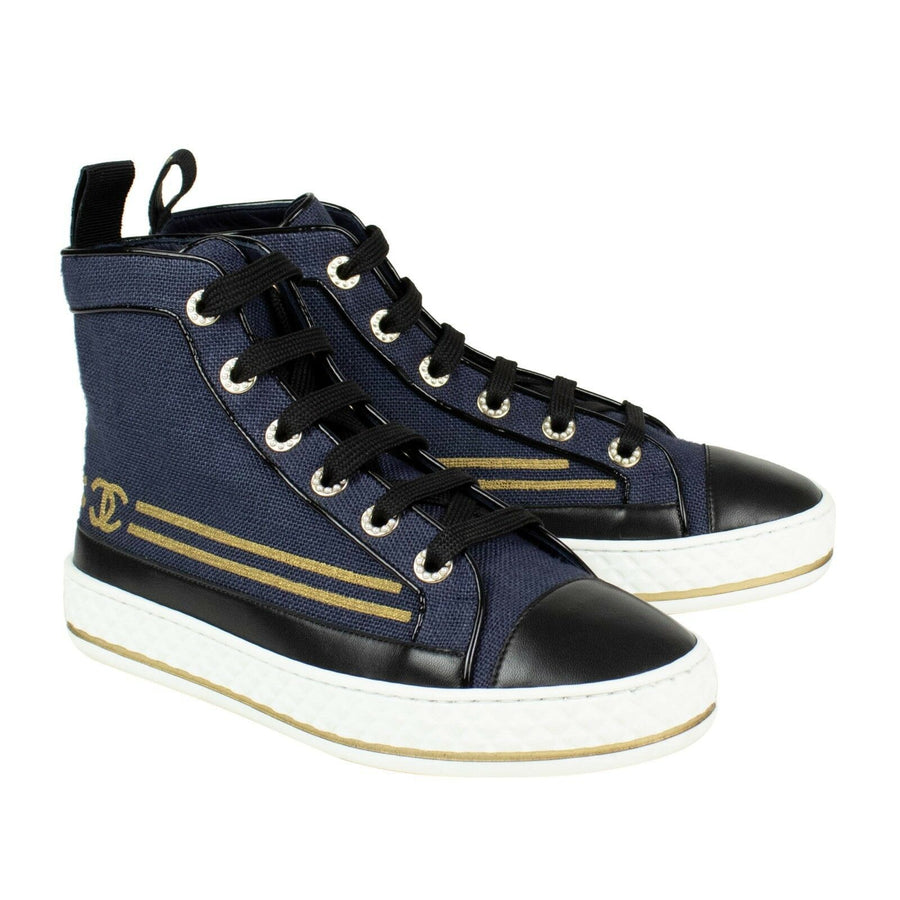 Burlap And Leather Lace Up Sneakers - Navy Blue