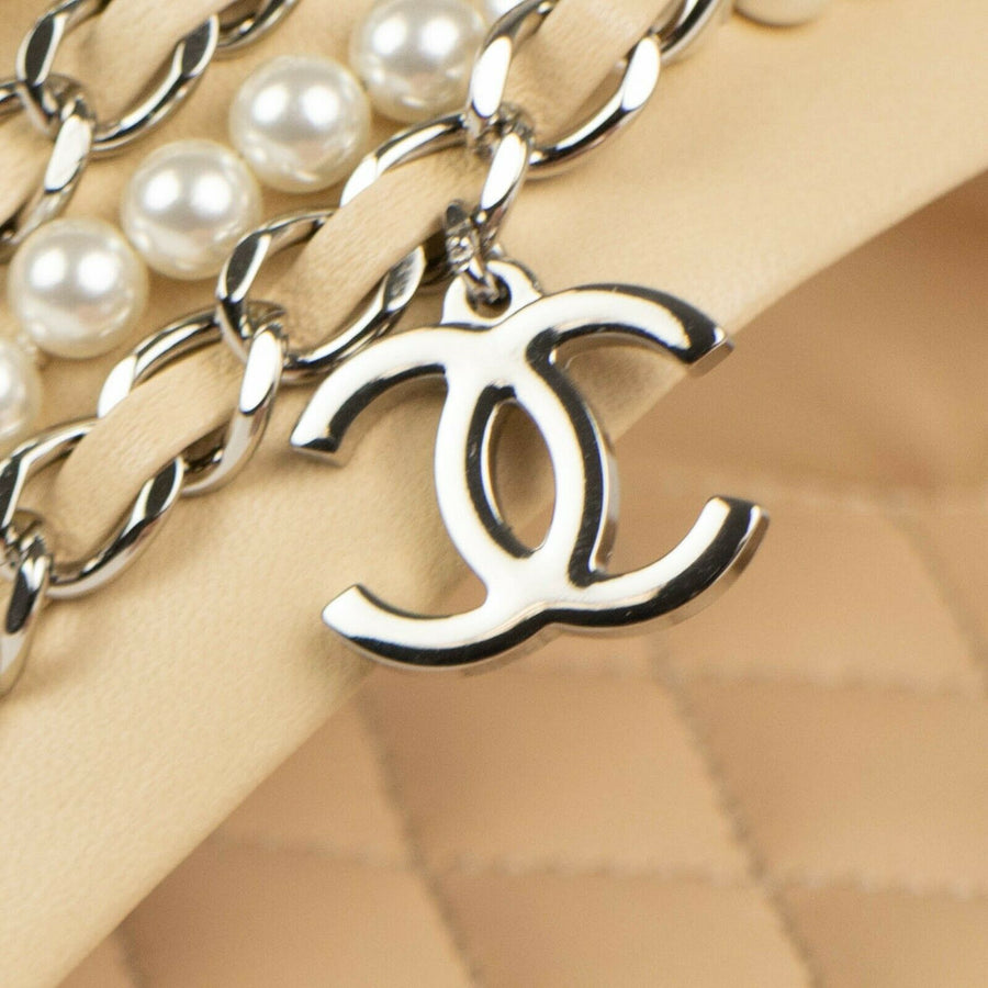 Chanel Leather Silver Pearl Chain Logo Toe Ring Sandals