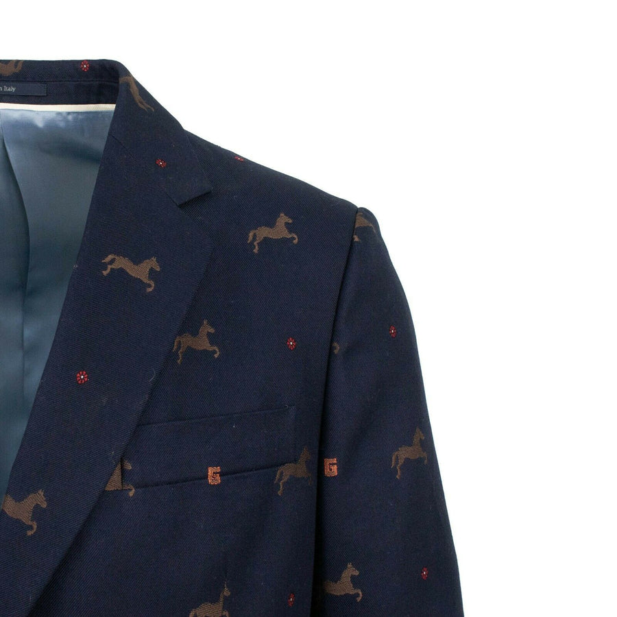 Cambridge Horse Pattern Gabardine Blazer Jacket - Blue