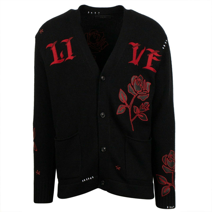 Rose Knit Cashmere Blend Cardigan Sweater - Black / Red