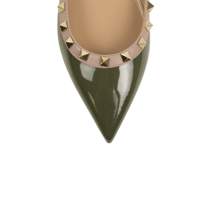 Leather Rockstud Grainy Ballet Flats - Olive Green