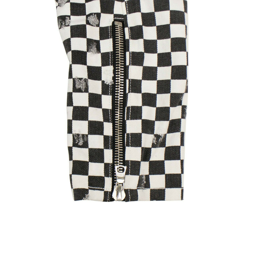 Checkered Denim Biker Jacket - Black / White