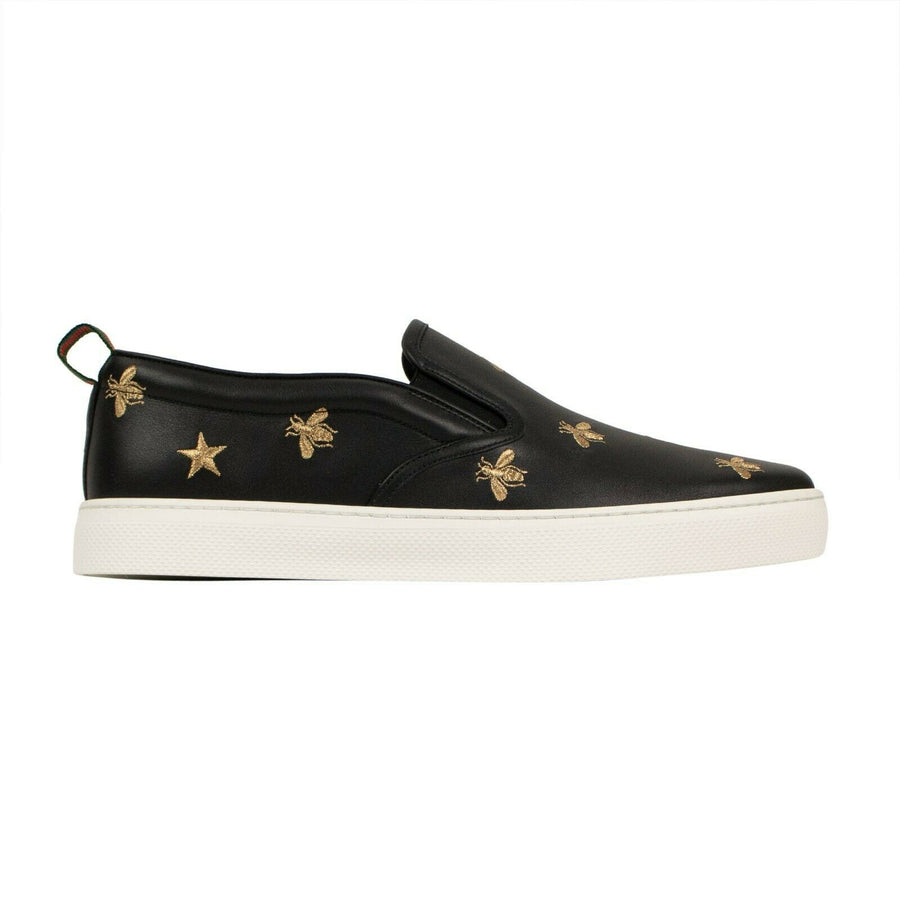 Men's Leather Slip On Embroidered Bees Sneakers - Black