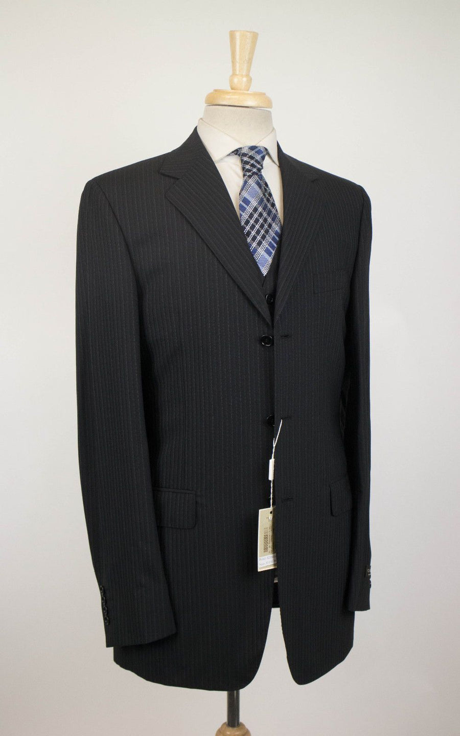 Drop 7 Striped Wool 3 Button 3 Piece Suit - Black