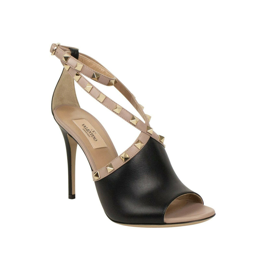 Leather Rockstud Open Toe Ankle Strap Pumps - Black / Blush