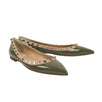 Leather Rockstud Grainy Ballet Flats - Olive Green