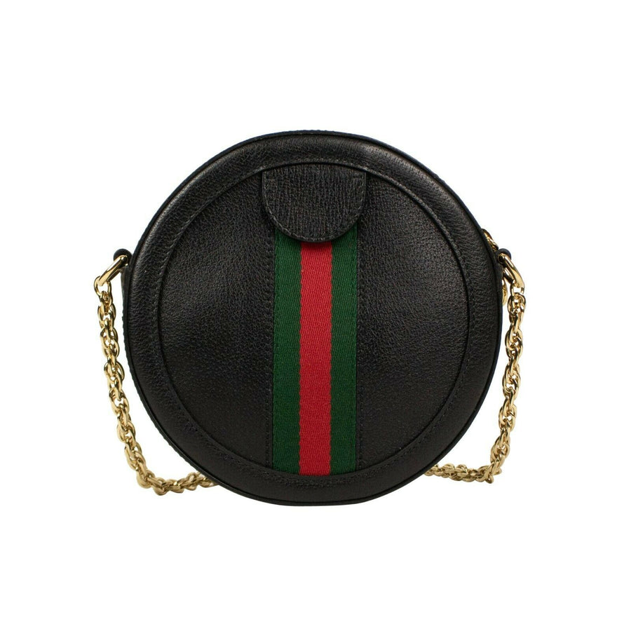 Mini Round Leather Ophidia Web Shoulder Bag - Black