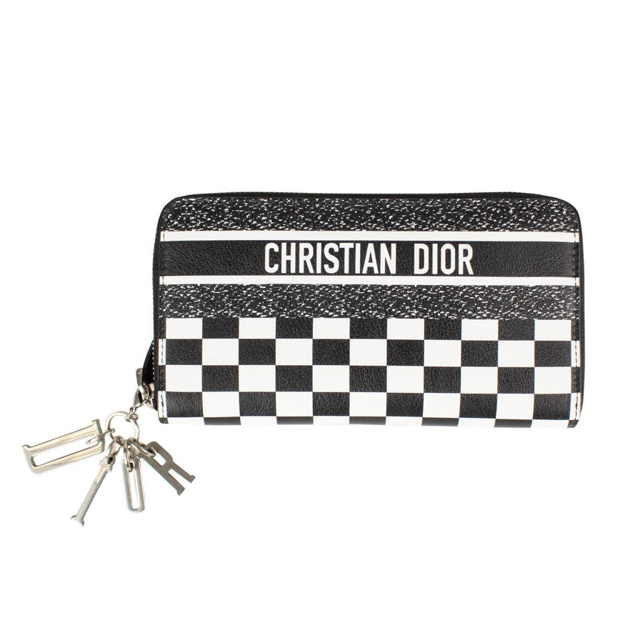 Lady Dior Checked Zip-Around Wallet - Black / White