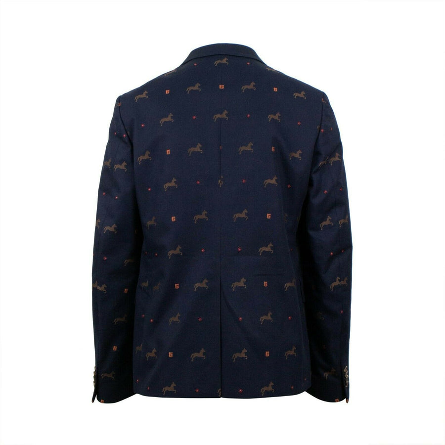 Cambridge Horse Pattern Gabardine Blazer Jacket - Blue