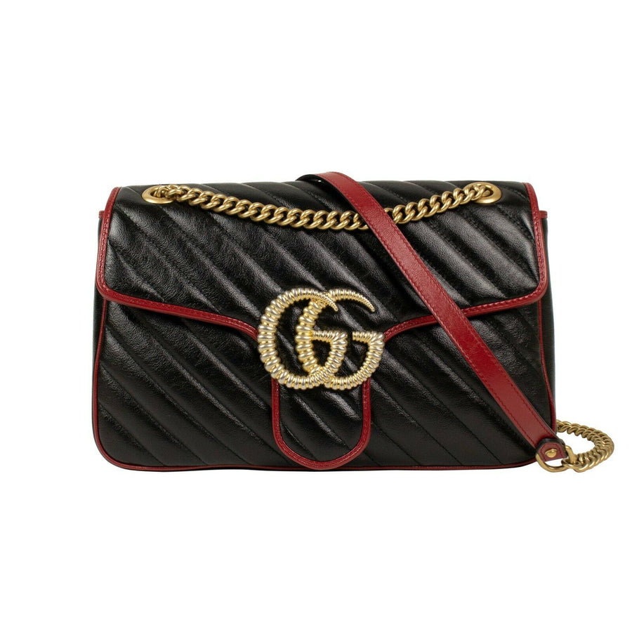 Quilted GG Marmont Chevron Leather Medium Shoulder Bag - -Black / Red