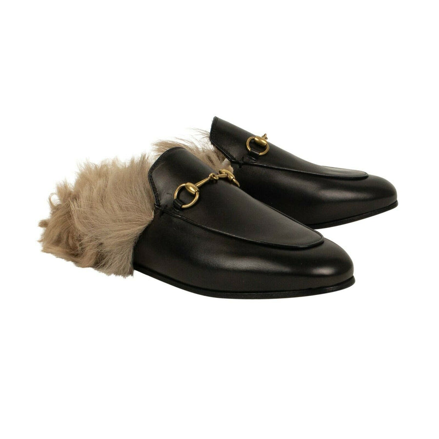 Leather 'Princetown' Fur Mules - Black