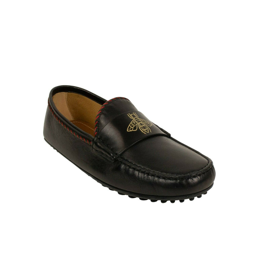 Men's Leather Bee Embossed Loafers - Black