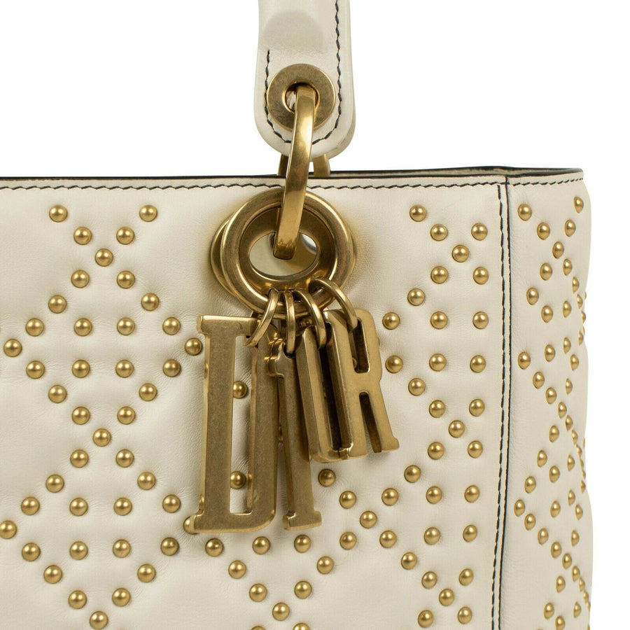 Medium Lady Dior Calfskin Leather Studded Shoulder Bag - White