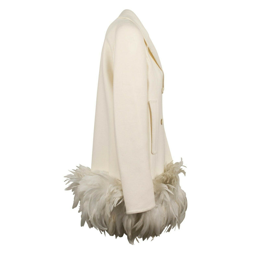 Double Breasted Feather Hem Coat - Ivory