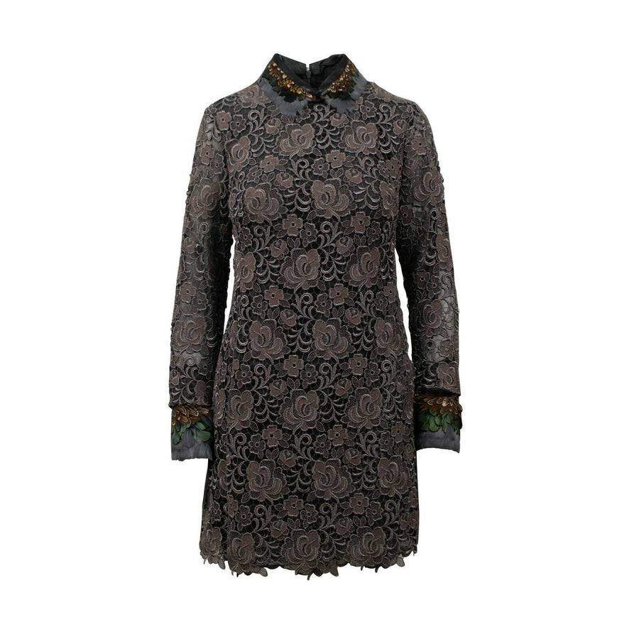 Embroidered With Feather Collar Long Sleeve Dress - Beige / Black