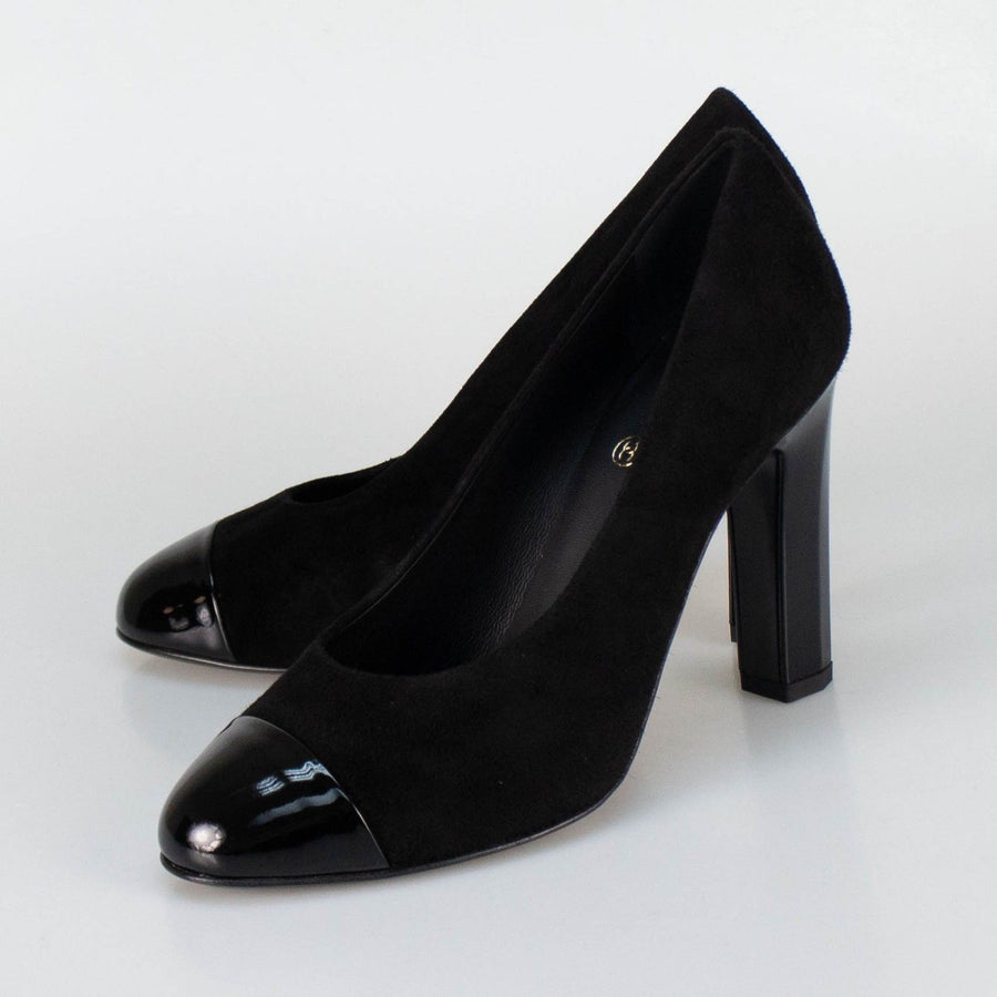 Suede And Patent Leather Cap Toe Pumps Heels - Black