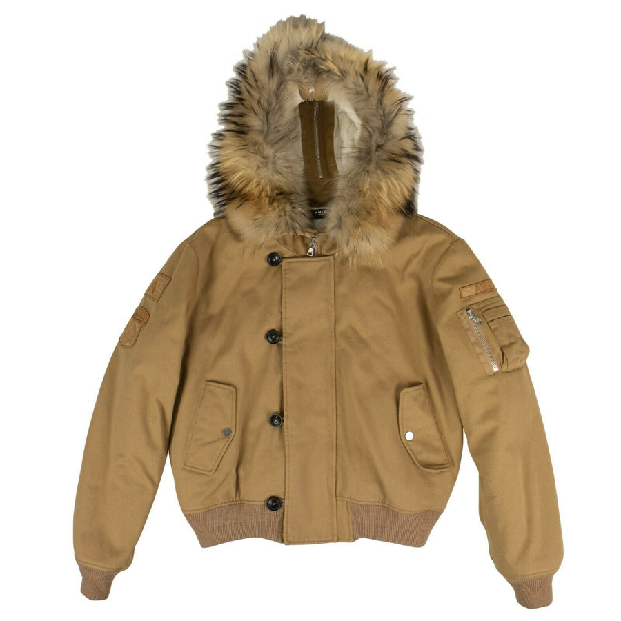 Cotton Faux Fur Hood Bomber Jacket - Natural Brown