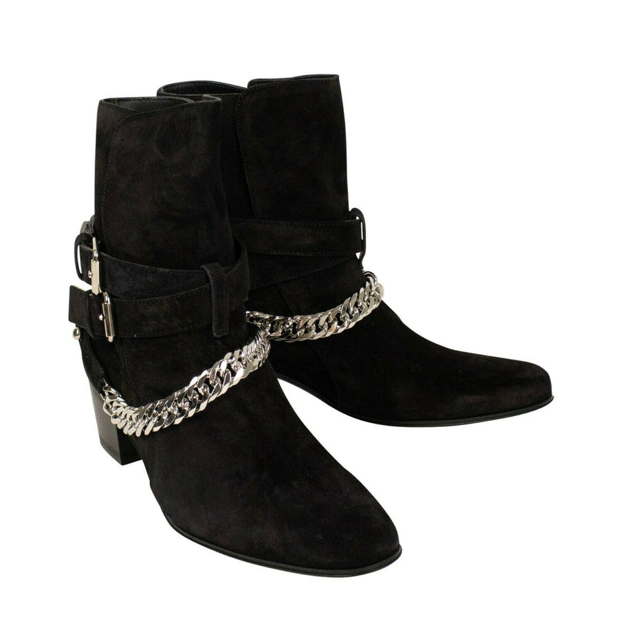 Suede Buckle Chain Boots - Black