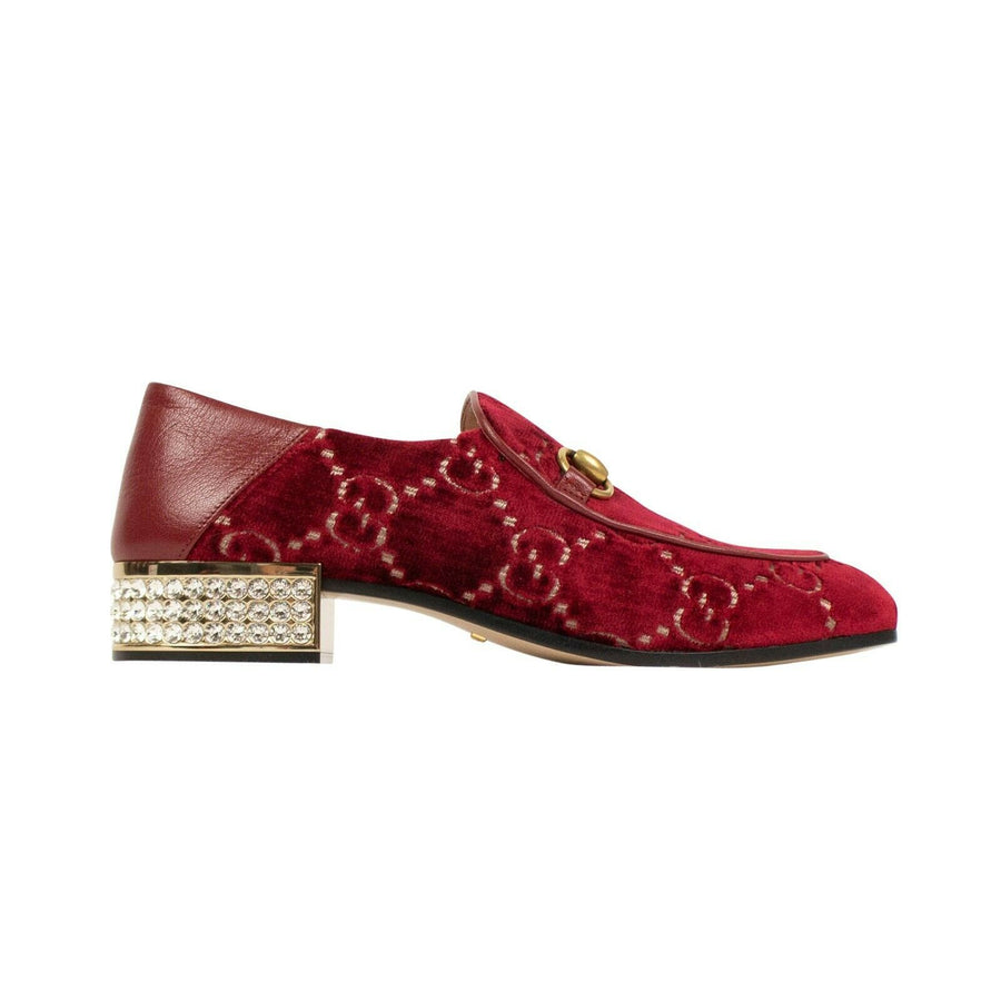 Women's Horsebit GG Velvet Crystal Heel Loafers - Red