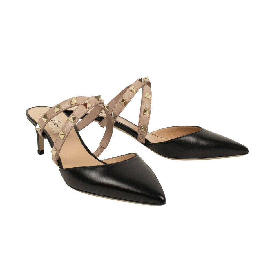 Leather Rockstud Cross Strap Pointed Toe Mule Pumps - Black / Blush