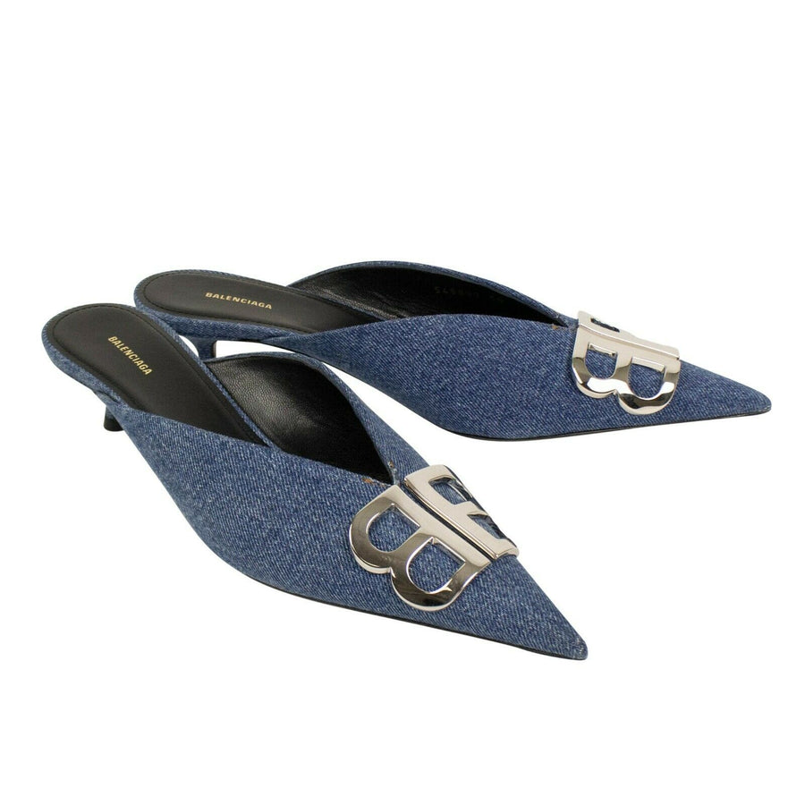 Vintage Denim Leather Kitten Heel Mules - Blue