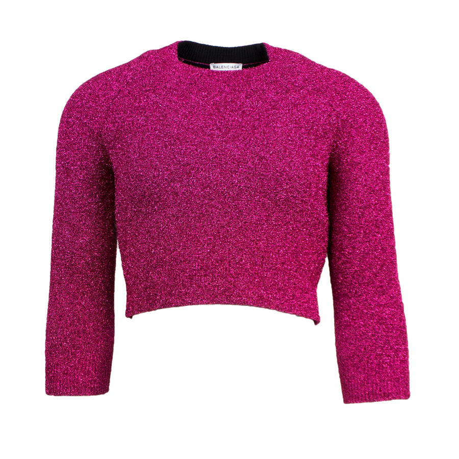 Metallic Cropped Crewneck Sweater - Pink