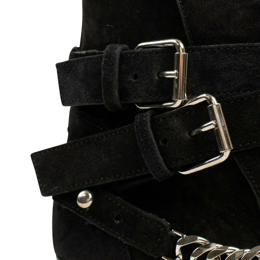 Suede Buckle Chain Boots - Black