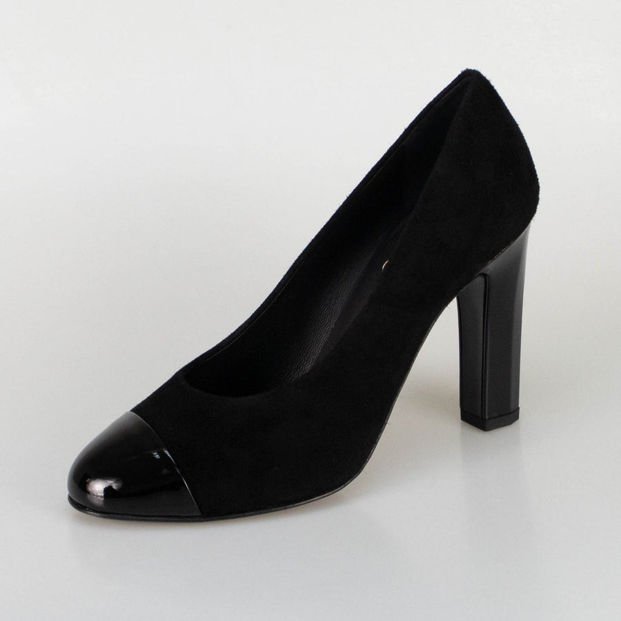 Suede And Patent Leather Cap Toe Pumps Heels - Black