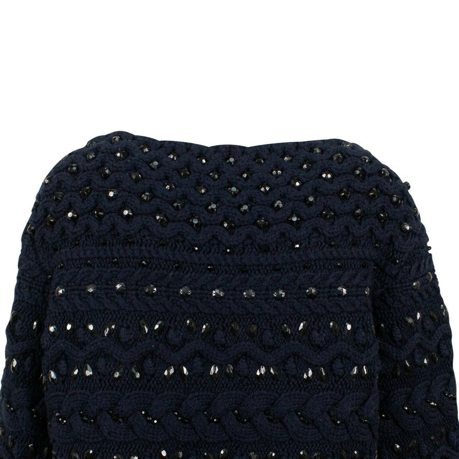 Embellished Beaded Chunky Knit Sweater Top - Navy