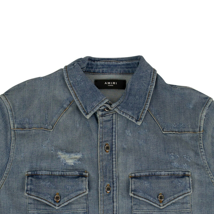 Denim Destroyed Button Down Shirt - Light Blue