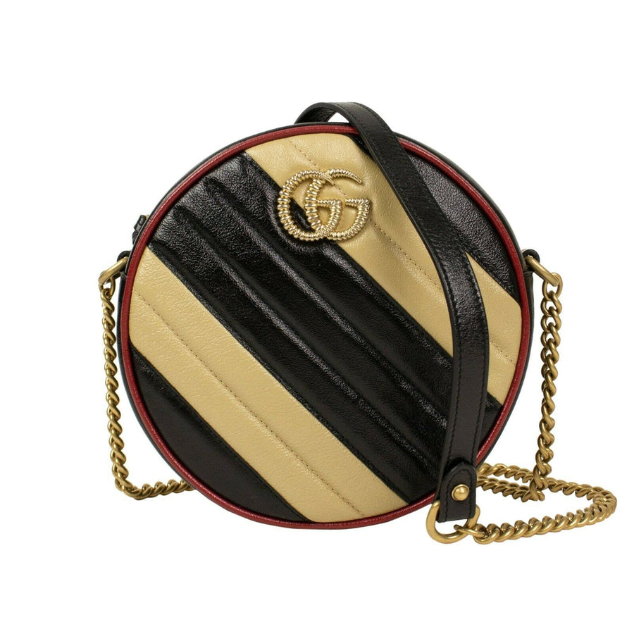 Striped Quilted GG Marmont Leather Mini Round Shoulder Bag - Beige / Black