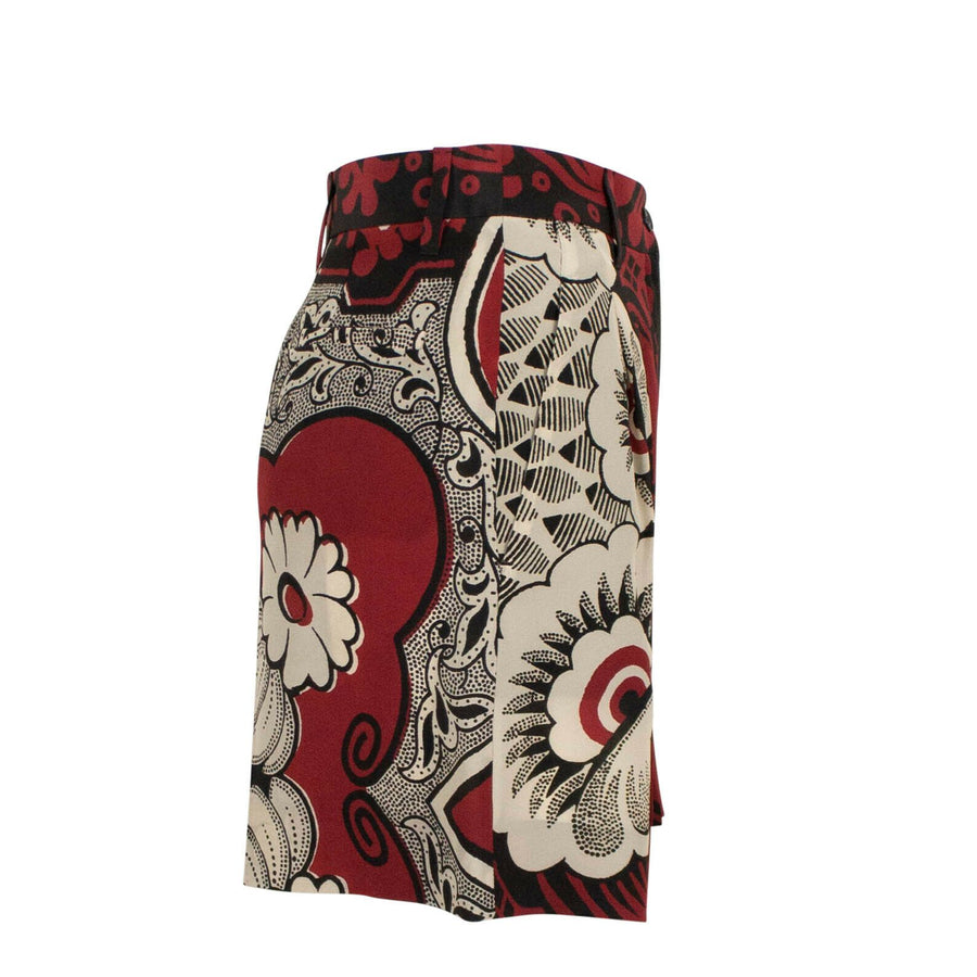 Multi-Color Printed Silk Pleated Front Shorts - Red / Beige