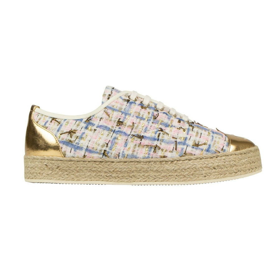 Tweed And Leather Lace Up Espadrille Sneakers - Pink / Blue / Gold