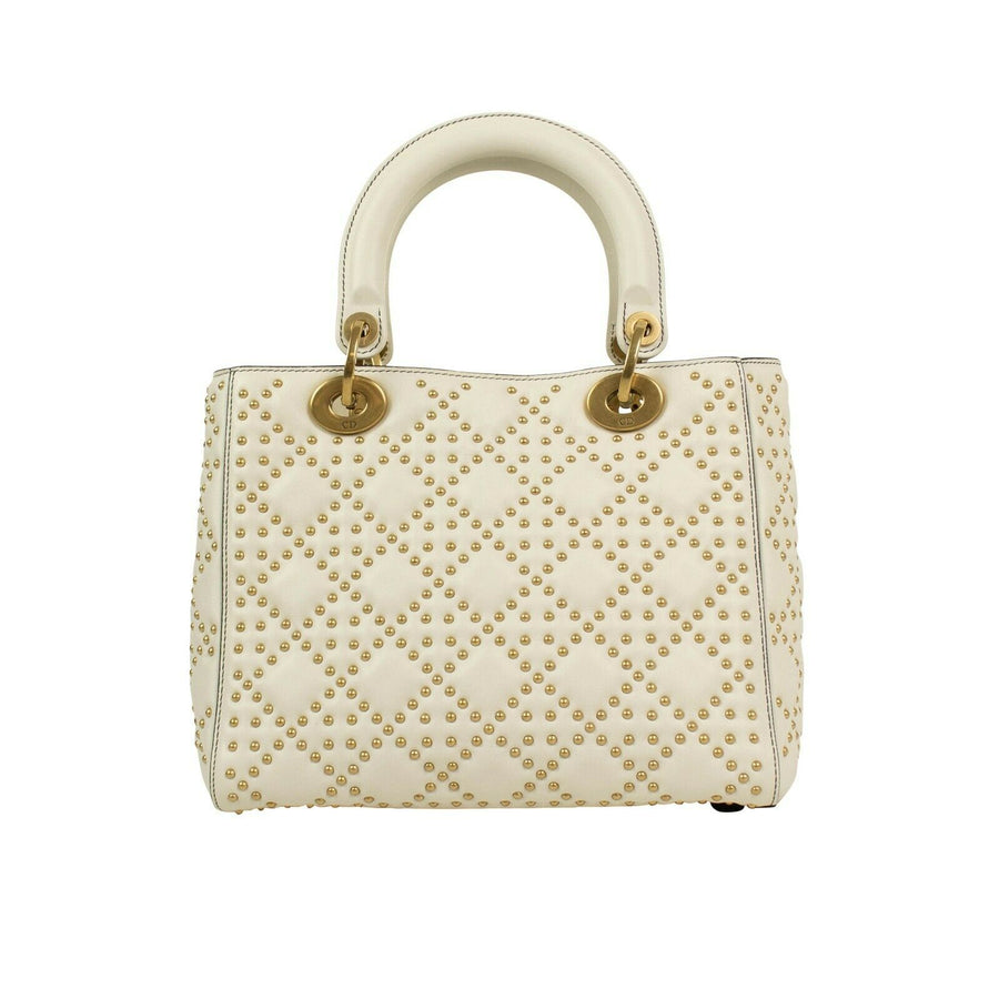 Medium Lady Dior Calfskin Leather Studded Shoulder Bag - White