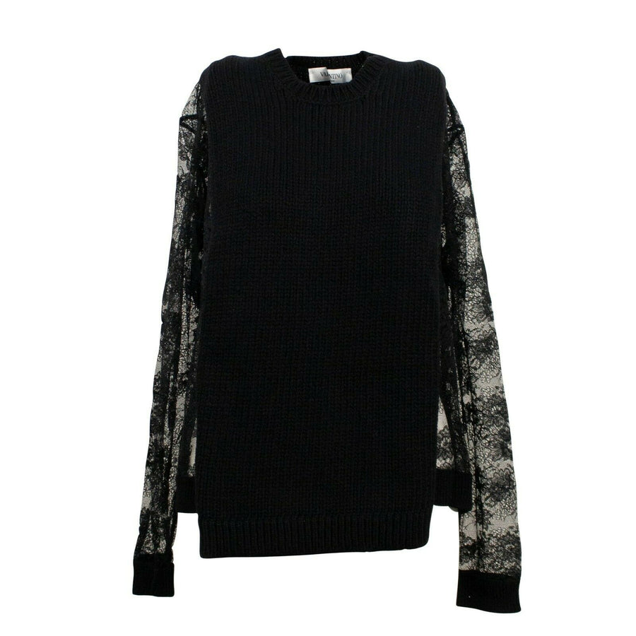 Chunky Knit With Lace Sleeves Sweater - Black