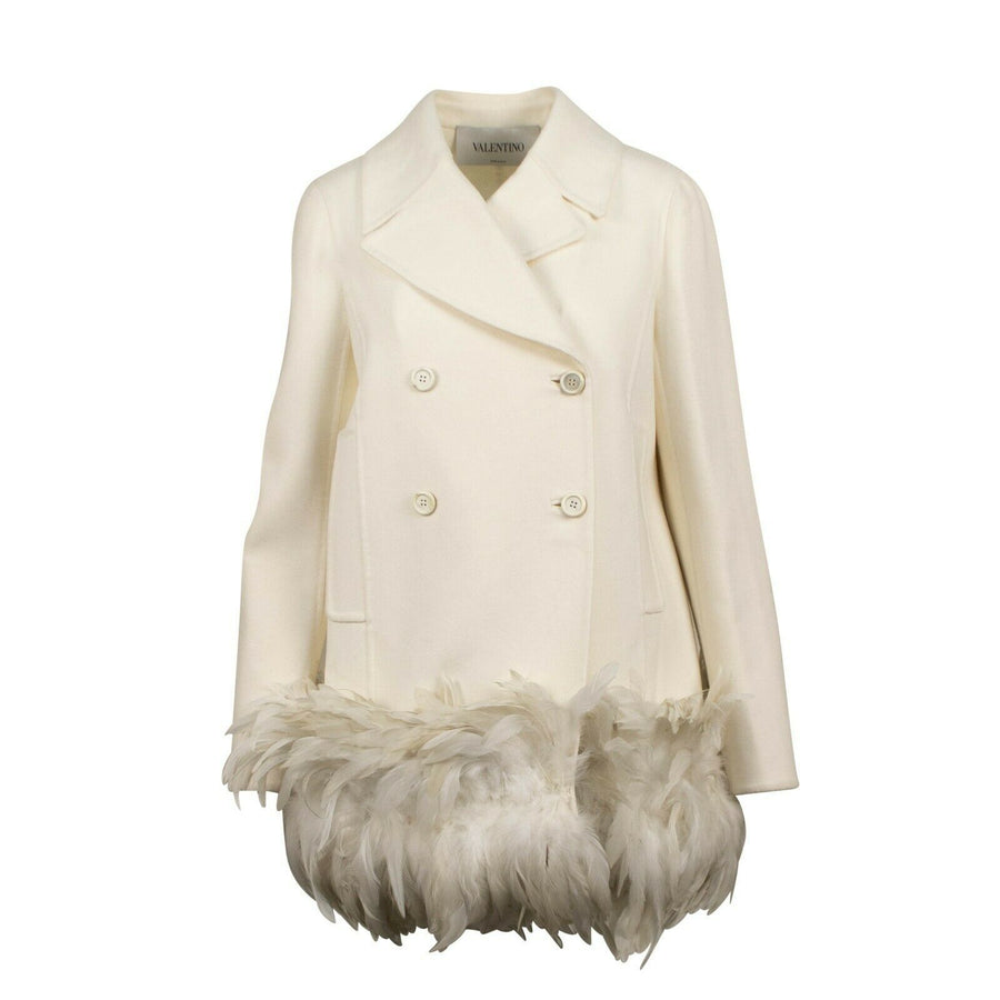 Double Breasted Feather Hem Coat - Ivory