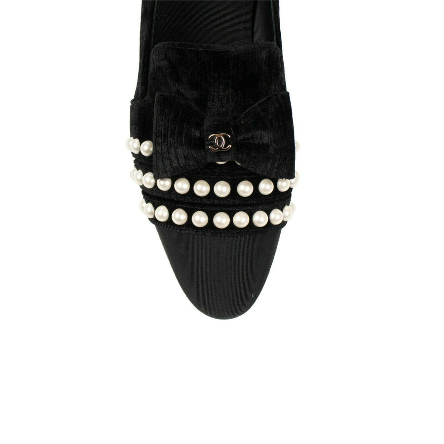 Velvet Logo Pearl And Bow Loafer Flats - Black