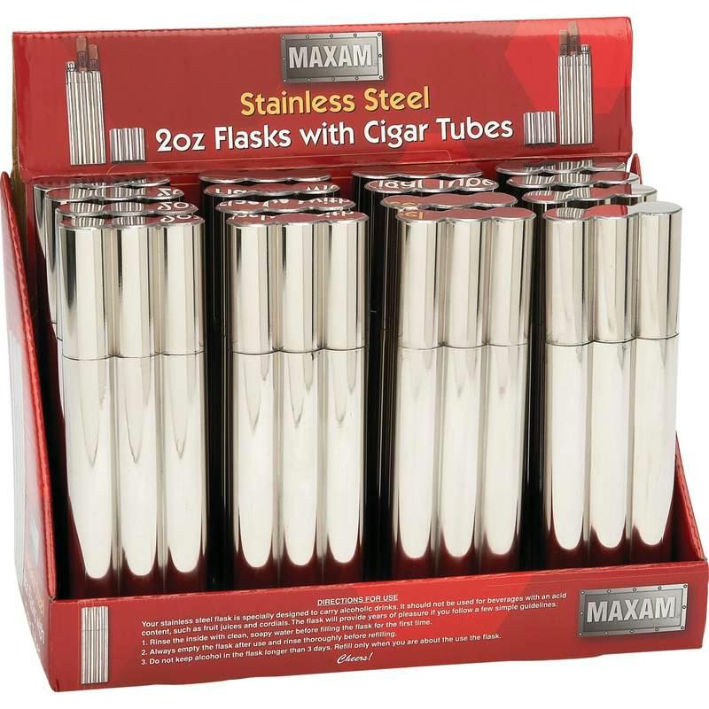 Maxam¬Æ 16pc 2oz Stainless Steel Flask with 2 Cigar Tubes in Countertop Display