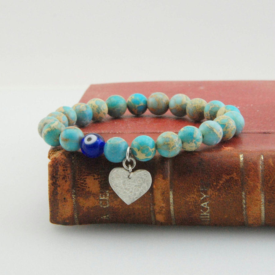 Handmade Evil Eye Hammered Heart Charm Bracelet