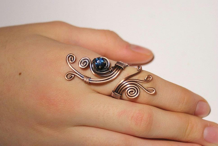 Handmade Navy Blue Crystal Stone Wire Wrap Copper Ring