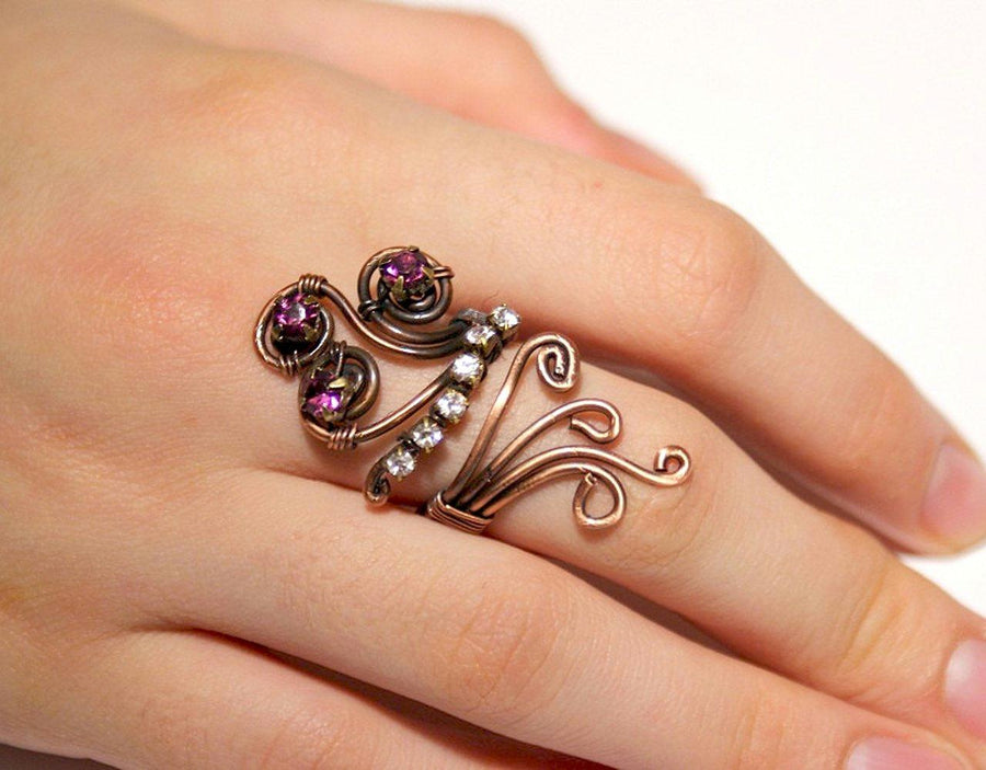 Handmade Purple and white crystal copper wire wrap ring