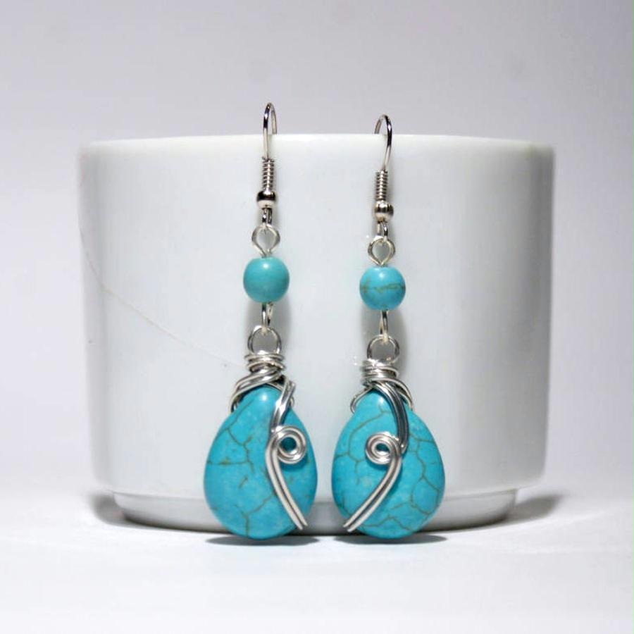 Handmade Turquoise Dangle Drop Wire Wrap Earrings