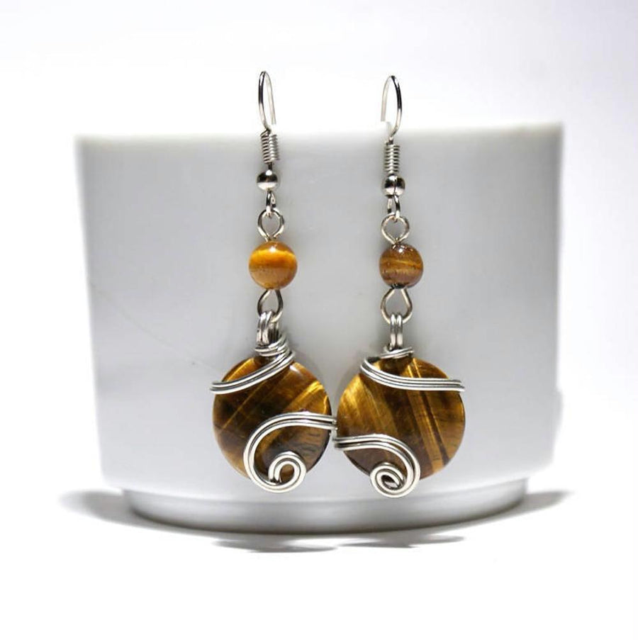 Handmade Wire Wrapped Tiger's Eye Dangle Earrings