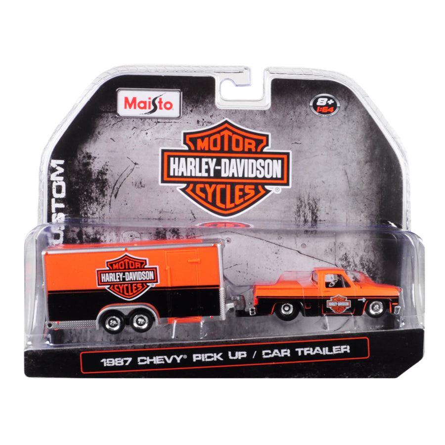 1987 Chevrolet Pickup Truck With Enclosed Car Trailer Orange And Black Harley Davidson 1/64 Diecast Model Car By Maisto 15363-hd1