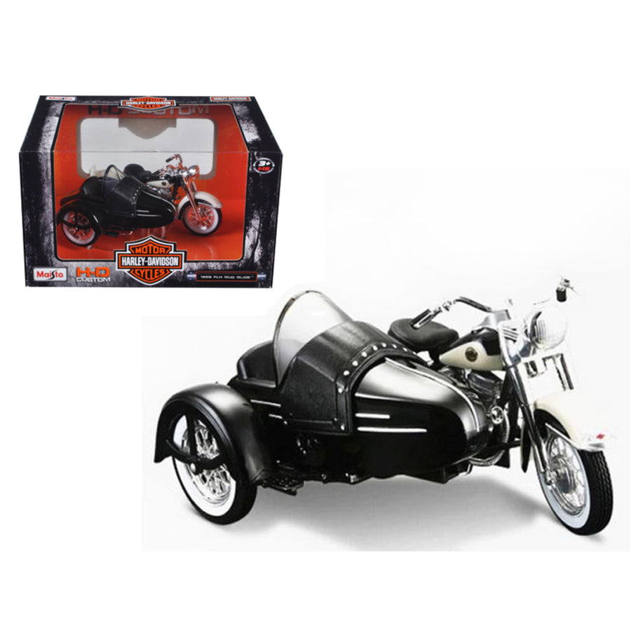 1958 Harley Davidson Flh Duo Glide With Side Car Black With White 1/18 Diecast Motorcycle Model By Maisto 32420b-03176