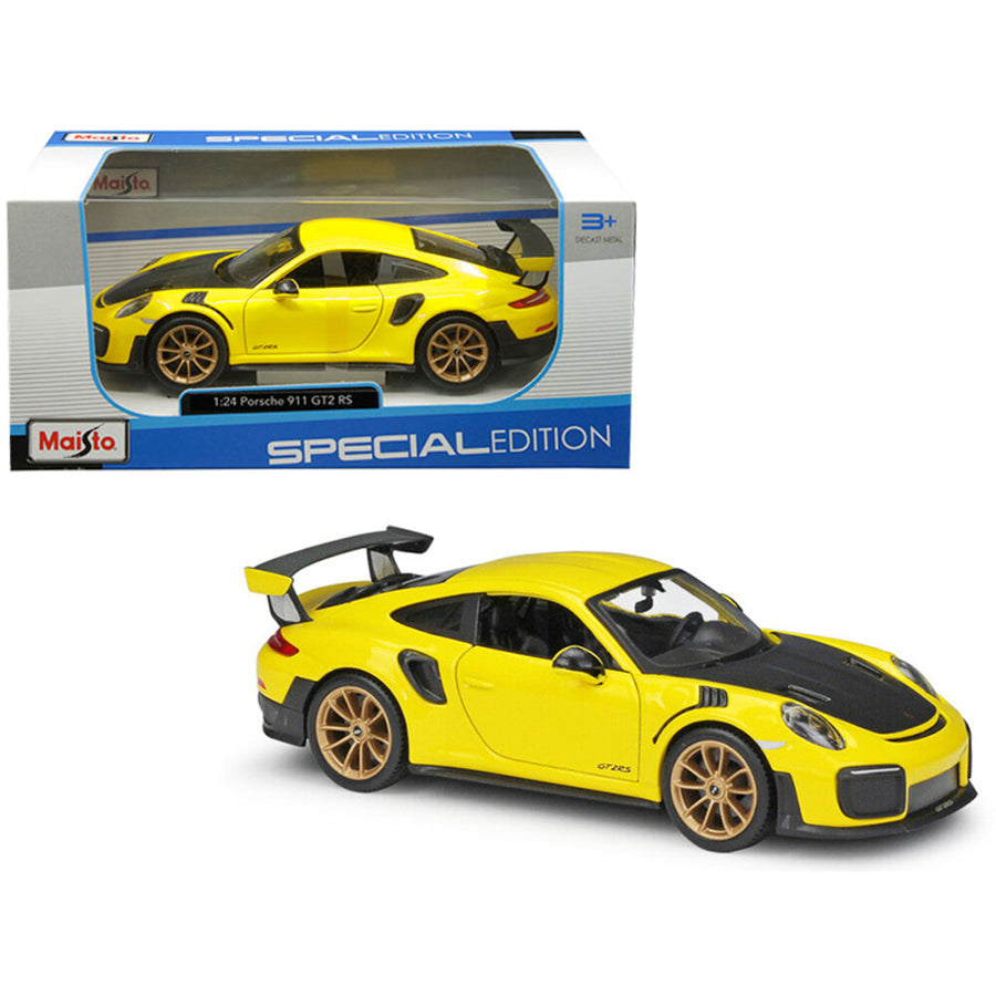 Porsche 911 Gt2 Rs Yellow With Carbon Hood 1/24 Diecast Model Car By Maisto 31523y